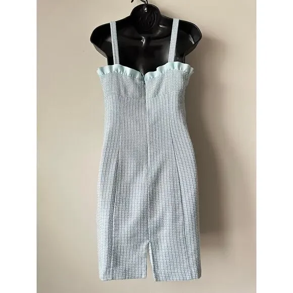 Vintage 90s Y2K Blue Tweed Mini Dress Coquette Boucle Ruffle Trim Size 8 - Picture 3 of 10